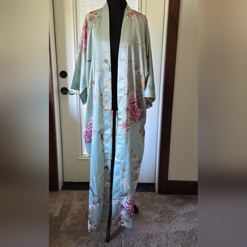 KIM + ONO Mint Crane Floral Print Long Kimono Robe One Size Fits Most